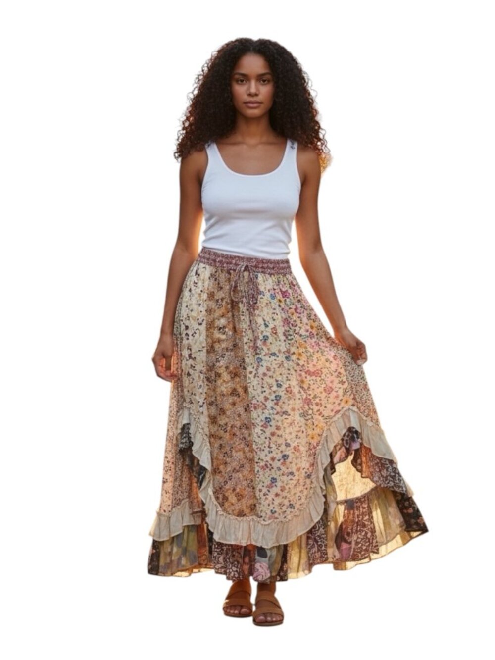 Young Threads Patchwork Floral Boho Midi Skirt Womens L Cottagecore Fairy Grunge